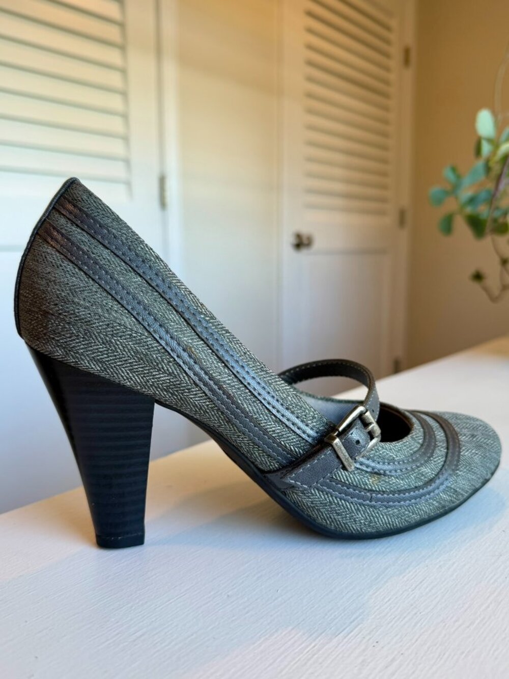 LifeStride Velocity Bimala Tweed Mary Jane Heels – Gray, Size 7 with Memory Foam